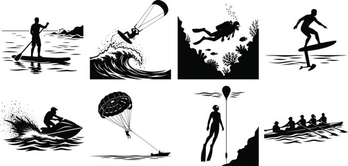 Water sports and extreme ocean outdoor activities black silhouette icons set isolated on white background © MdMenhajul