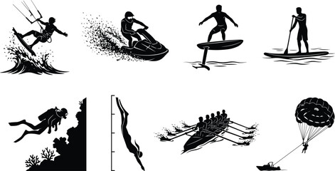 Water sports and extreme ocean activities black silhouette icons set isolated on white background © MdMenhajul