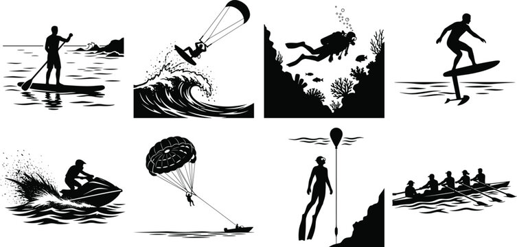 Water sports and extreme ocean outdoor activities black silhouette icons set isolated on white background