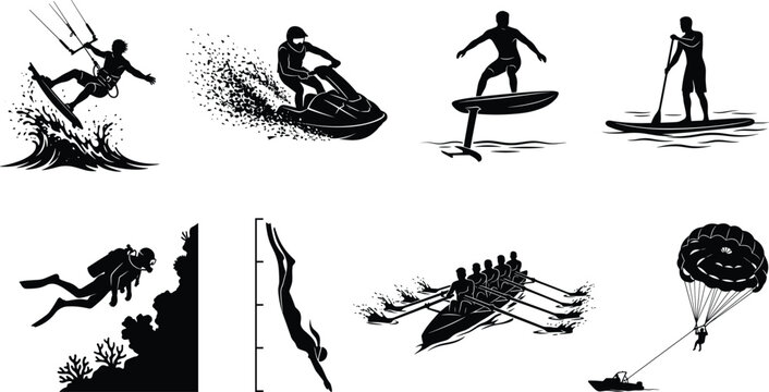Water sports and extreme ocean activities black silhouette icons set isolated on white background