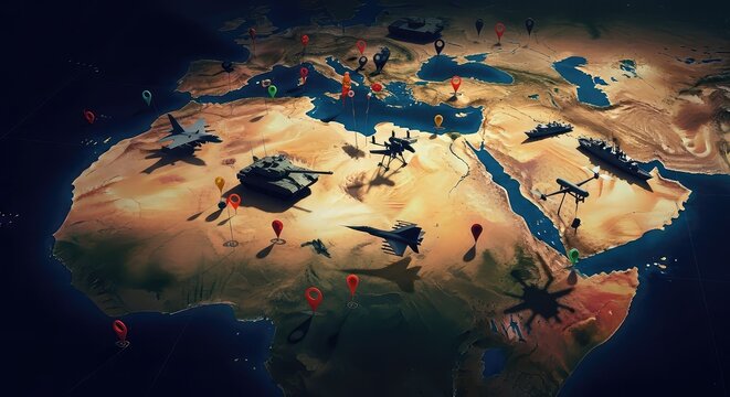 A dark map of a desert region marked with pins and shadows of military equipment, symbolizing global strategy and unrest in a dry climate, tension, dry, soil