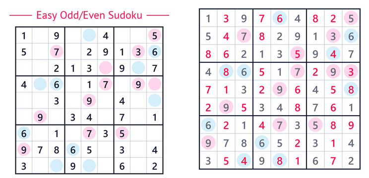 Easy odd/even Sudoku puzzles with colorful numbers and grid design  