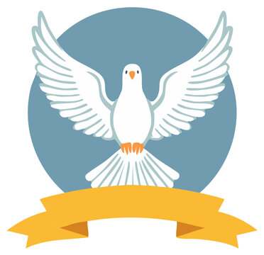 Elegant vector illustration of a white dove in flight with outstretched wings above a golden ribbon in front of a circular background
