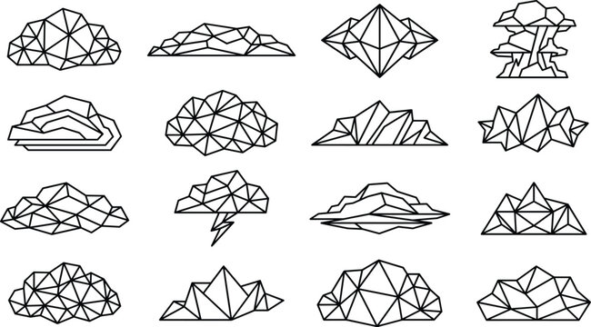 Set of geometric low poly cloud and mountain icons for abstract weather and nature designs