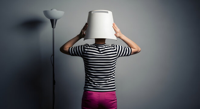 Person with bucket on head standing near floor lamp in room