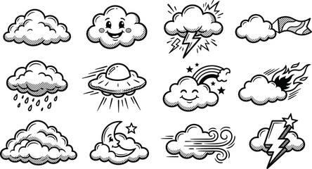Obraz premium Set of hand drawn cute weather clouds and sky elements in doodle sketch vector style