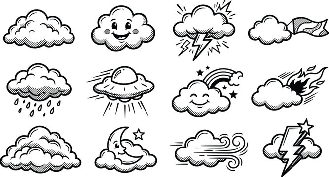 Set of hand drawn cute weather clouds and sky elements in doodle sketch vector style