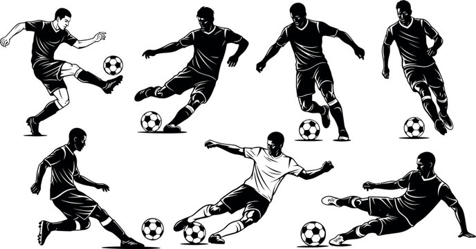 Eight black silhouette soccer players in various poses isolated on transparent background