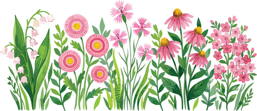 Watercolor Wildflower Meadow Border Vector Illustration with Pink Coneflower, Lily of the Valley, and Garden Blossoms for Spring Wedding Stationery and Floral Fabric Designs