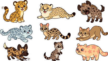 Cute cartoon baby wild predators animal character set featuring leopard cheetah hyena snow leopard wild dog cubs isolated on white background vector illustration © MdMehedi