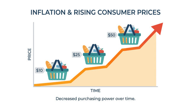 Vector illustration showing rising inflation rates and decreasing purchasing power over time with more expensive shopping baskets