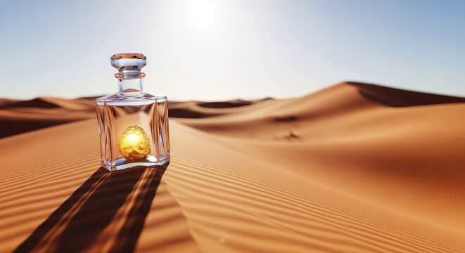 A glowing solid gold nugget sits inside a sparkling crystal glass bottle resting on vast orange sand dunes under a bright burning sun, crystal, isolated, arid