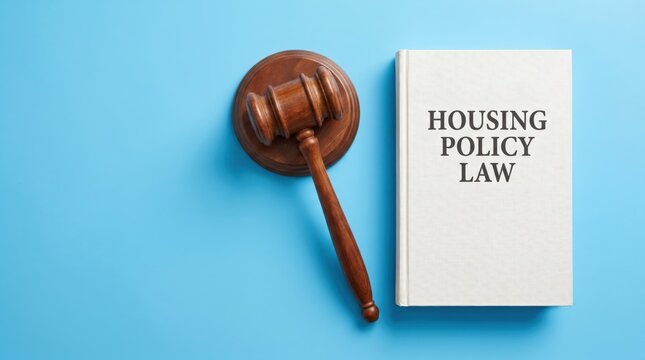Housing Policy Law book with wooden judge gavel, real estate legal concept on blue background, property rights and tenant legislation