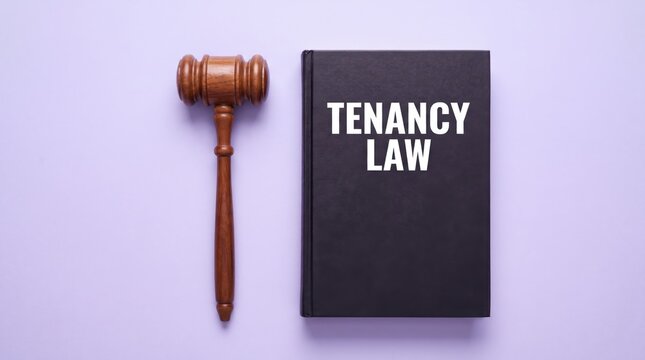 Tenancy law book with wooden judge gavel, legal concept for rental rights and housing regulations, real estate litigation and property law