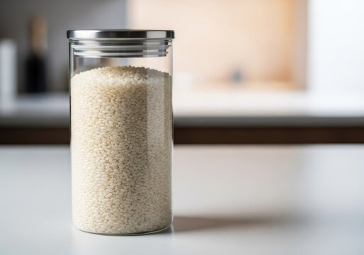 Polished grains of white rice fill a sleek glass container to the brim, showcasing a simple pantry storage solution for a modern home kitchen, background, macro, household