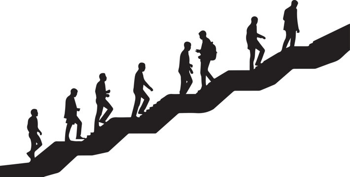 Silhouettes of people climbing a steep black mountain slope