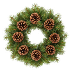 Fototapeta premium Green pine cone and acorn holiday wreath isolated on white background