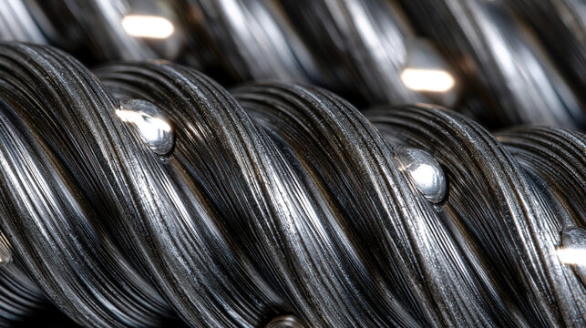Ball screw lead screw thread helix repeating in dense spiral pattern field, ground surface finish reflecting linear light strip in continuous unwinding repeat, unexpected scale macro study transform