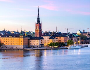 Fototapeta premium A serene cityscape at dusk, featuring a prominent church steeple, calm waters, and a blend of pastel hues in the sky