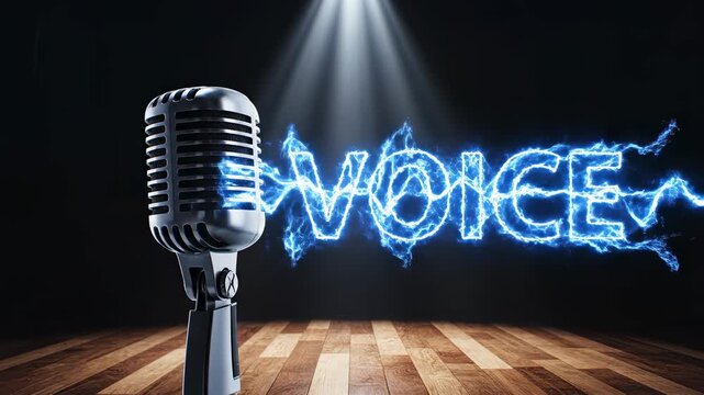 Vintage microphone on a wooden stage emits blue electrical energy forming the word 'voice'. Dramatic spotlighting illuminates the glowing effect against a dark background.