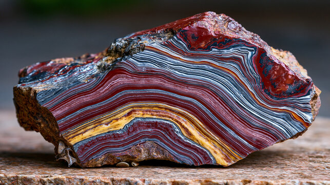 Banded iron formation jaspilite slab polished cross-section showing alternating red jasper and silver magnetite millimeter-scale laminations, Proterozoic ocean chemistry record, mineralogical specim