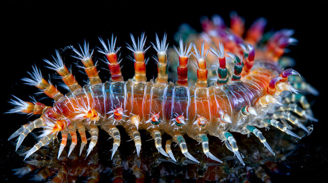 Bristle worm Polychaeta chaetal bundle array macro, parapodia appendage with acicular and notopodial seta bristle architecture, segmental body wall musculature visible through cuticle, marine anneli