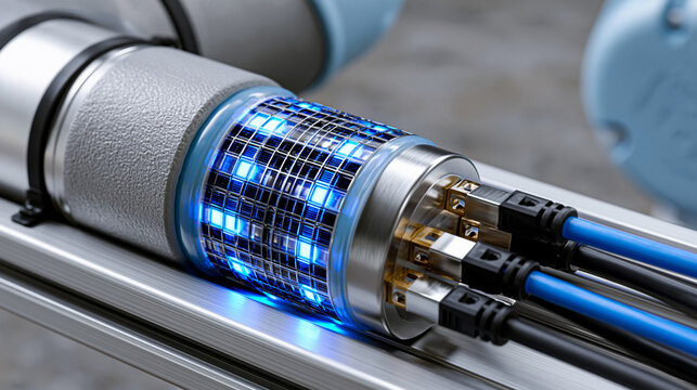 Collaborative robot proximity bumper sensor strip with soft elastomer contact surface wrapped around cylindrical link, embedded capacitive sensing grid visible through translucent silicone skin, con