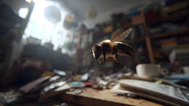 detailed macro illustration of a bee crawling on a messy workshop floor in morning light