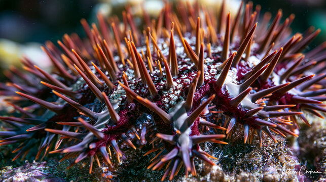Crown of thorns Acanthaster planci aboral surface detail, venomous spine array casting dramatic shadows across ambulacral groove system, ossicle plate mosaic texture, tube feet visible between spine