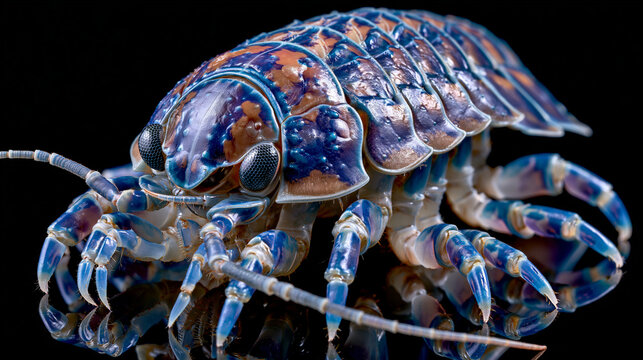 Deep sea isopod Bathynomus chitinous exoskeleton dorsal macro, segmental tergite plate array with compound eye facet detail, decapod appendage articulation joints revealed under diffuse cold light, 