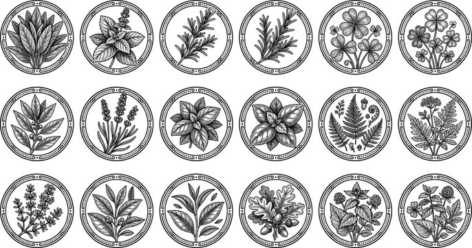 Set of vintage linocut style round herb and plant badges for organic cosmetic or tea packaging