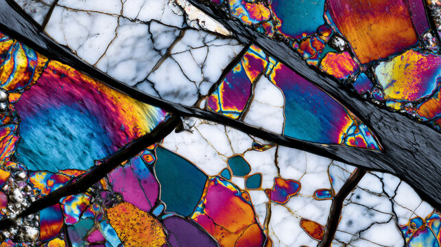 Marble geological thin section microscopy image, calcite crystal grain boundaries visible under polarized transmitted light, birefringent mineral optical properties, petrographic documentation .ultr