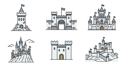 Set of Medieval Castles Icons, Fantasy Fortress Buildings, Vector Illustrations © udin