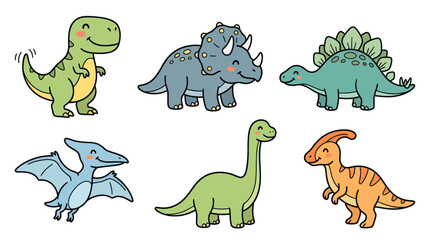 Cute Cartoon Dinosaurs Collection: T-Rex, Triceratops, Stegosaurus, Pterodactyl, Brontosaurus, Parasaurolophus © udin