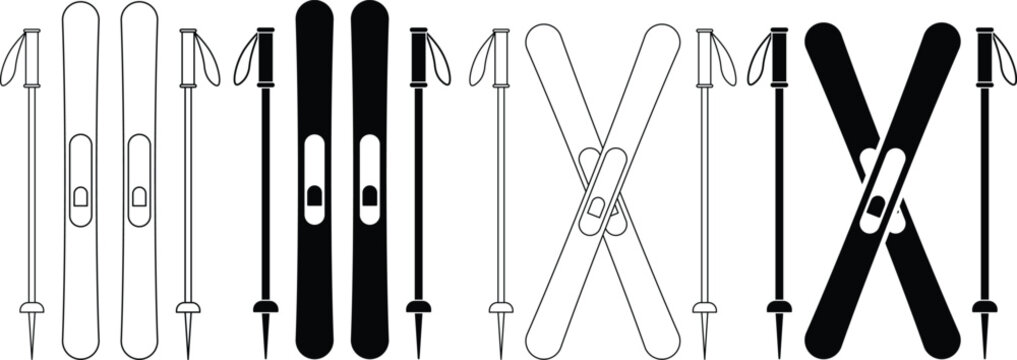 Ski and ski pole illustrations in various styles