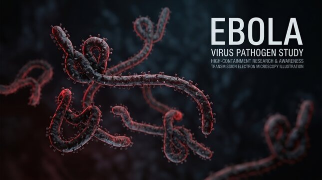Ebola virus pathogen study illustration showcasing high-containment research with detailed transmission electron microscopy imagery of the virus structure and morphology