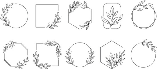 Set of elegant geometric floral frames and borders with leaf branches for wedding invitation designs © Nurchhana