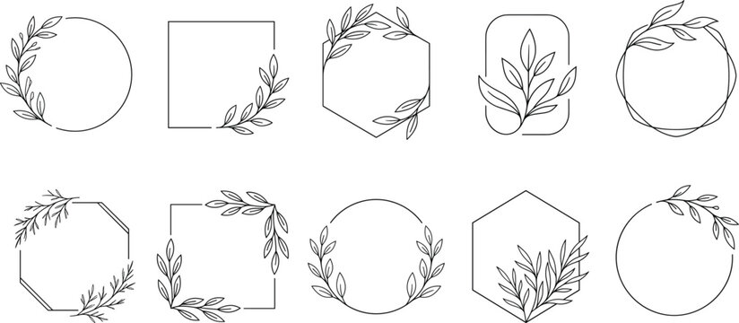Set of elegant geometric floral frames and borders with leaf branches for wedding invitation designs