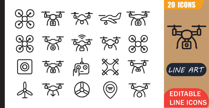 Isolated drone uav icons set, 20 editable line art icons set, drone uav aerial technology, flying camera aviation, surveillance innovation remote control, theme style, clean outline vector