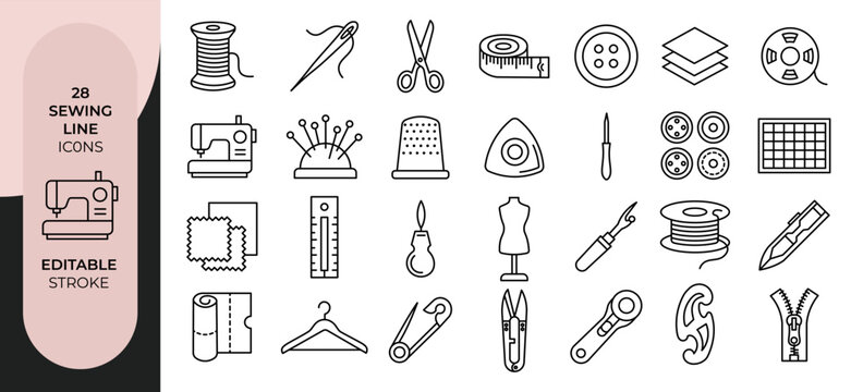 Sewing Line Icons Set Editable Stroke Outline Vector Collection