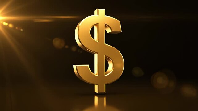 Golden dollar sign stands on a reflective surface against a dark background. A bright lens flare highlights its metallic texture and polished, reflective details.