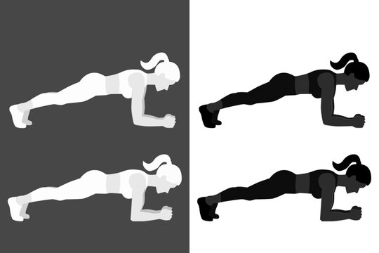 Flat vector silhouettes representing a woman doing a plank exercise for physical endurance, core strength training, health and athletic wellness (cut out)