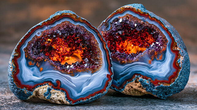Quartz geode pair showing halved thunderegg agate exterior and sparkling druzy chalcedony interior crystal lining, nodular chert formation, mineralogical specimen backlit documentation .ultra photor