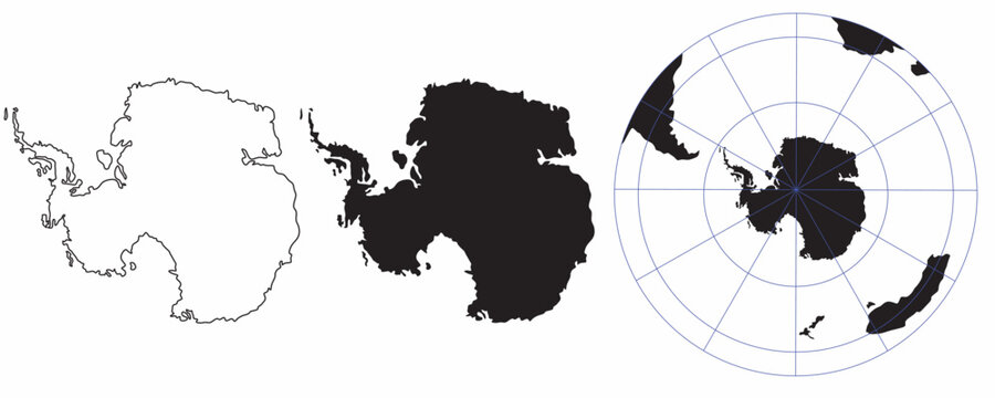 Antarctica continent maps outline solid fill and polar projection