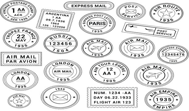 Vintage Postmark and Airmail Postage Stamp Vector Set Featuring Retro Paris London and International Postal Rubber Stamps for Mail Delivery Designs