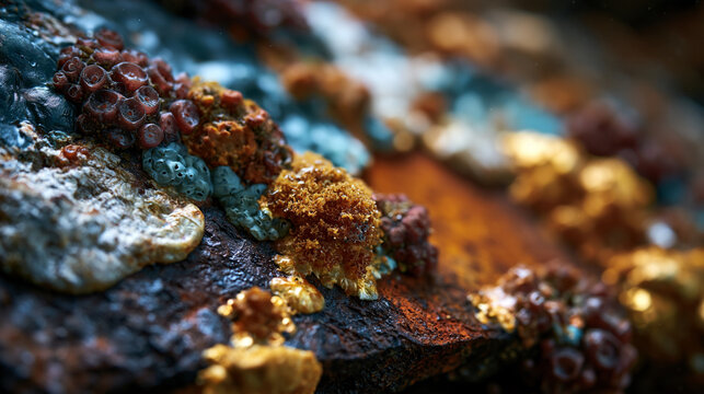 Shipwreck encrustation community macro, steel hull plate covered in coral, bryozoan, and tunicate settlement, steel corrosion rust patina integrating with biogenic carbonate overlay, decay and trans