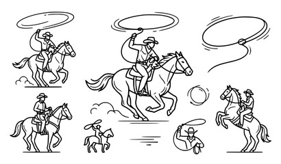 Fototapeta premium Cowboy lassoing horses line art collection for western designs