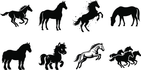 Obraz premium Collection of diverse horse silhouettes featuring running stallion standing mare rearing mustang grazing pony cartoon colt jumping thoroughbred and herd illustrations