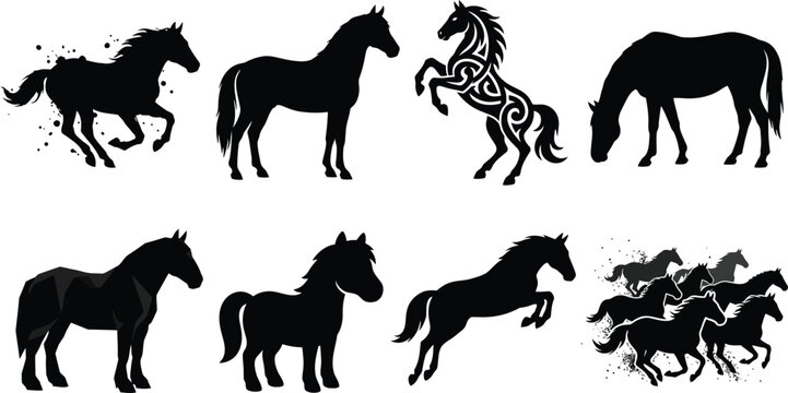 Collection of diverse horse silhouettes featuring running mustang tribal rearing stallion grazing mare low poly draft pony and wild herd illustrations