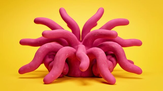 Pink clay brain transforms, sprouting long tentacles that unfurl and then retract. Stop motion animation style features a matte texture and simple studio lighting against a yellow background.